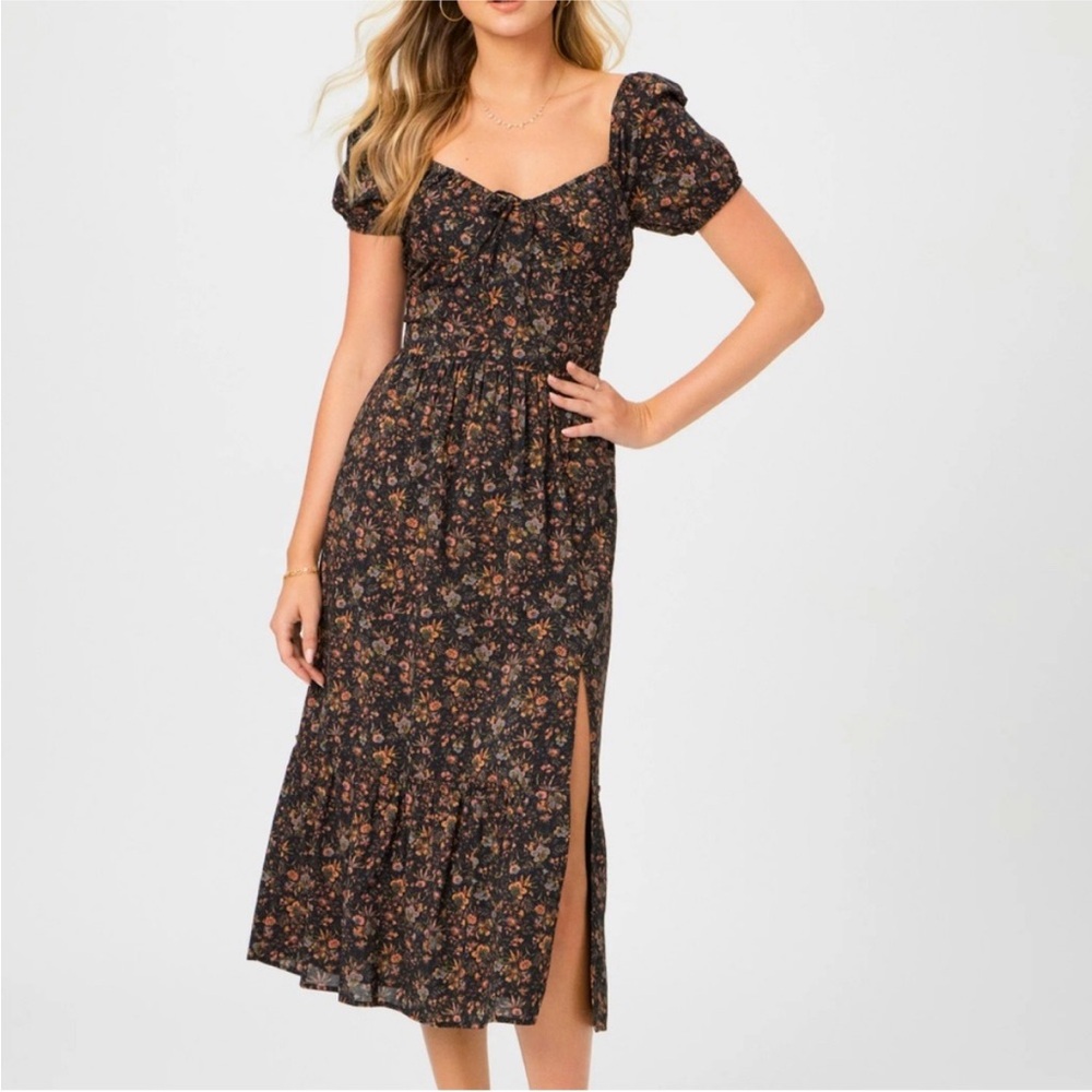 PAIGE Black Floral Midi Dress with Puff Sleeves